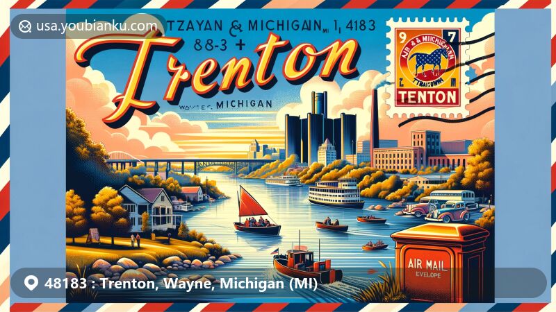 Modern illustration of Trenton, Wayne County, Michigan, featuring Detroit River waterfront with boats, Elizabeth Park, and nods to city's history and industry, merging seamlessly with postal themes.