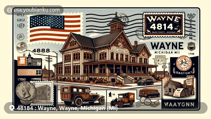 Modern illustration of Wayne, Wayne County, Michigan, showcasing postal theme with ZIP code 48184, featuring Wayne Historical Museum and Michigan state flag.