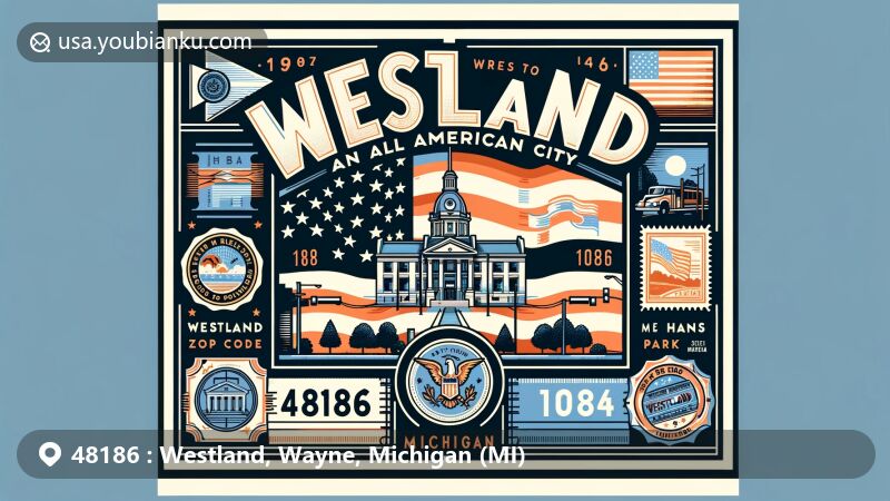 Modern illustration of Westland, Michigan, depicting the 'An All American City' theme with official city symbols, including city hall, Hines Park greenery, and wildlife. Postal elements such as stamps, postal mark, and ZIP code 48186 are prominently featured.