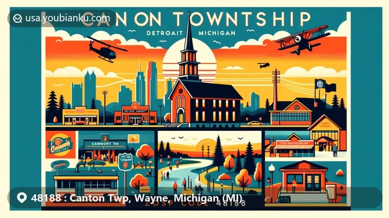 Modern illustration of Canton Township, Wayne County, Michigan, representing ZIP code 48188 with suburban silhouette, safety symbols, historical landmarks like Canton Historical Society, and community events like off-season farmers markets at Summit on the Park.
