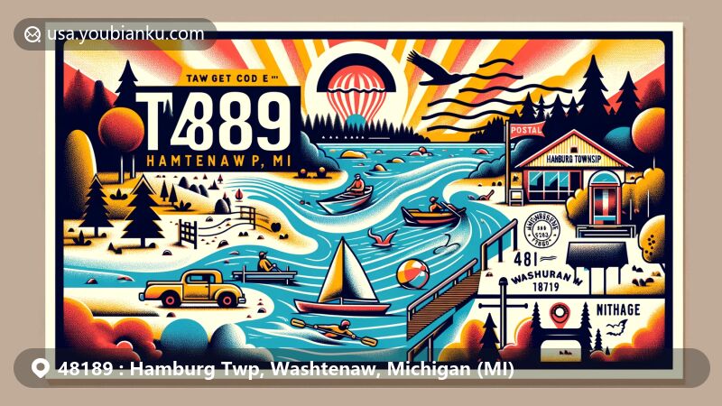 Modern wide-format postcard design of Hamburg Township, Washtenaw County, Michigan, featuring serene lakes, lush parks, and the majestic Huron River flow, with vintage postal motifs of a postage stamp and postmark for ZIP code 48189.