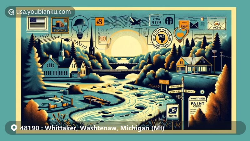 Modern illustration of Whittaker, Washtenaw County, Michigan, highlighting rural charm and natural beauty with Paint Creek, and cultural and educational significance of the region.
