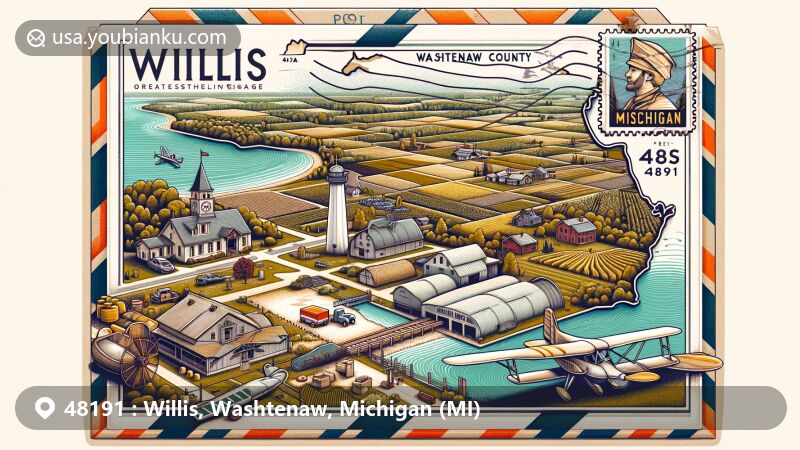 Modern illustration of Willis, Michigan, representing ZIP code 48191, featuring U.S. Post Office, natural landscape, and Grand Trunk Railway.