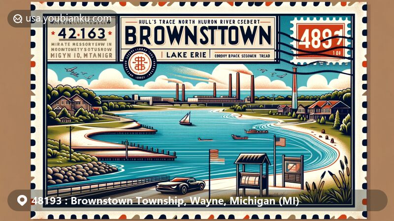 Modern illustration of Brownstown Township, Wayne County, Michigan, featuring Lake Erie Metropark, Hull's Trace North Huron River Corduroy Segment, Chevrolet Volt Battery Pack Assembly Plant, and Amazon distribution center, framed in postal-themed design with ZIP code 48193.