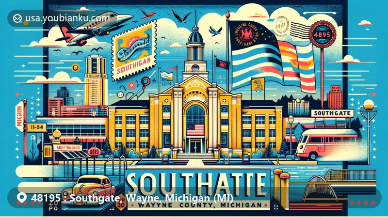 Modern illustration of Southgate, Wayne County, Michigan, infusing postal elements and local culture, showcasing Southgate Municipal Complex, Michigan state symbols, and vintage postal motifs with ZIP code 48195.