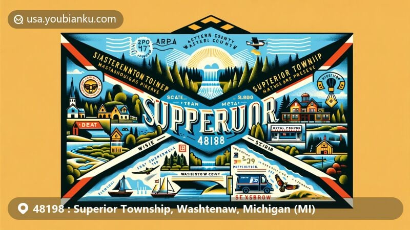 Modern illustration of Superior Township, Washtenaw County, Michigan, resembling an air mail envelope with postal stamp and postmark displaying ZIP code 48198. Features include Huron River, Superior Dam, and Secrest Nature Preserve, highlighting natural landscapes and iconic landmarks like Dixboro General Store and Superior Township Hall.