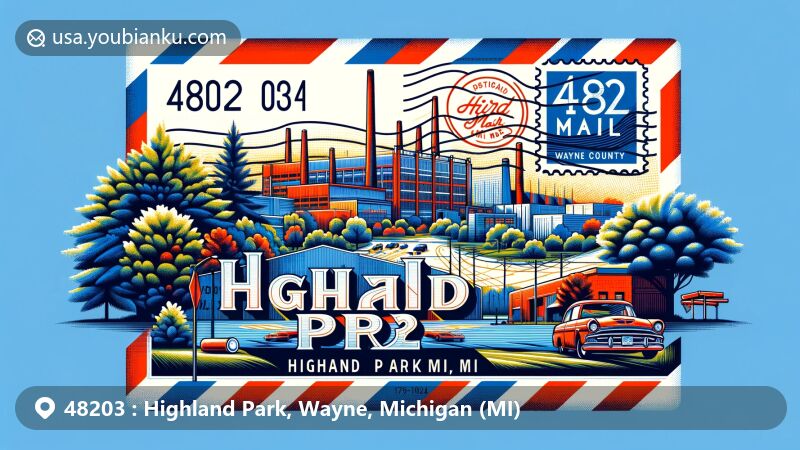 Modern illustration of Highland Park, Wayne County, Michigan, featuring air mail envelope design highlighting ZIP code 48203, showcasing historic Ford Plant and The City of Trees nickname.