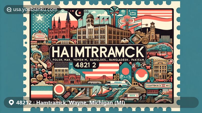 Colorful and vibrant mural of Hamtramck, Michigan, capturing the diverse culture and community spirit of the city with traditional Polish, Yemeni, and Bangladeshi influences.