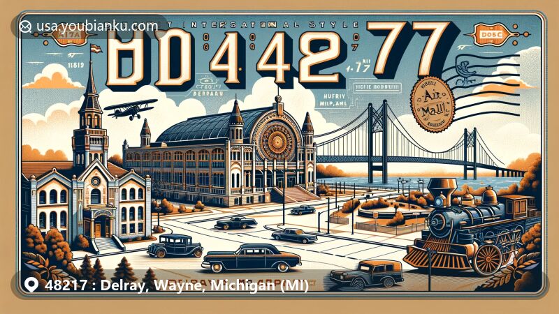 Modern illustration of Delray, Detroit, showcasing the historical Detroit International Exposition of 1889, honoring the Hungarian community, and featuring the Gordie Howe International Bridge, with postal elements like a stamp saying 'Delray, MI 48217'.