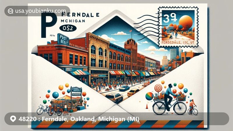 Modern illustration of downtown Ferndale, Michigan, showcasing postal and community features, with vibrant scene at Woodward Avenue and Nine Mile Road, including LGBTQ+ symbols and Rust Belt Market.