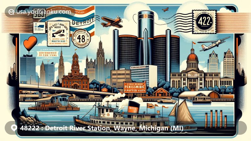 Modern illustration of Detroit River Station in Detroit, Michigan, highlighting postal service of J.W. Westcott II with ZIP code 48222, featuring iconic landmarks like Henry Ford Museum, Greenfield Village, Charles H. Wright Museum of African-American History, Pewabic Pottery, and Motown Museum.