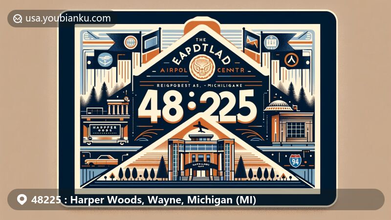 Modern illustration of Harper Woods, Michigan, showcasing postal theme with ZIP code 48225, featuring Eastland Center, Harper Woods Public Library, Interstate 94, and Michigan state motifs.