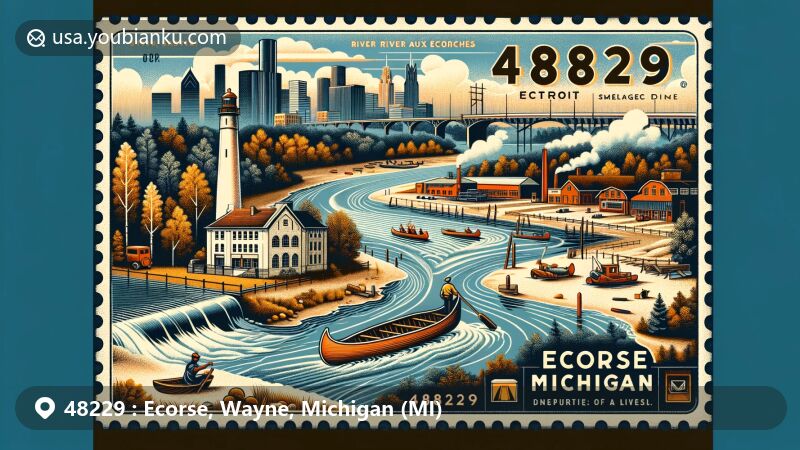 Artistic depiction of Ecorse, Michigan, capturing its industrial history and waterfront beauty along the Detroit River, showcasing city landmarks and diverse community.