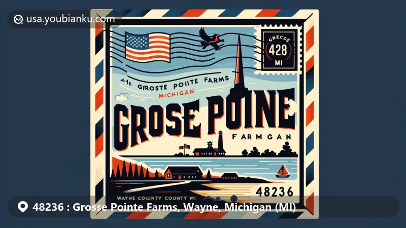Modern illustration of Grosse Pointe Farms, Michigan, with ZIP code 48236, capturing the essence of upscale suburban lifestyle and postal tradition, featuring Lake St. Clair, Grosse Pointe War Memorial, and Michigan state symbols.