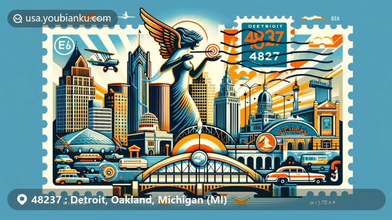 Contemporary illustration of Oak Park, Detroit, Oakland County, Michigan, capturing the artistic spirit with iconic landmarks like the Spirit of Detroit and Belle Isle Bridge, adorned with postal motifs for ZIP code 48237.