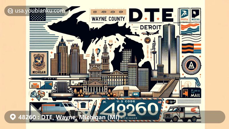 Modern illustration of DTE, Wayne County, Michigan, showcasing postal theme with ZIP code 48260, featuring Detroit skyline, Michigan State outline, and postal design elements.