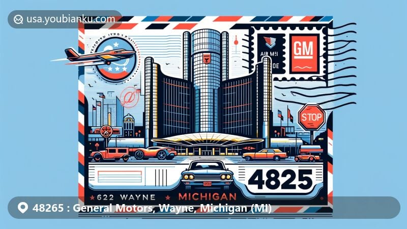 Modern illustration of General Motors in Wayne County, Michigan, with ZIP code 48265, featuring the iconic GM Renaissance Center and postal theme.