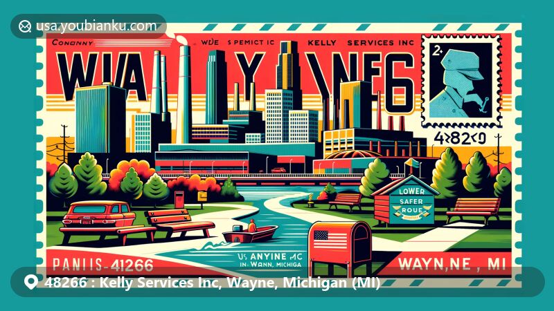 Modern illustration of Kelly Services Inc in Wayne, Michigan, showcasing automotive industry history, Shafer Park with picnic areas and Bell Creek, Lower River Rouge, and postal elements like a postcard, Michigan state flag stamp, postal mark, and illustrated mailbox.