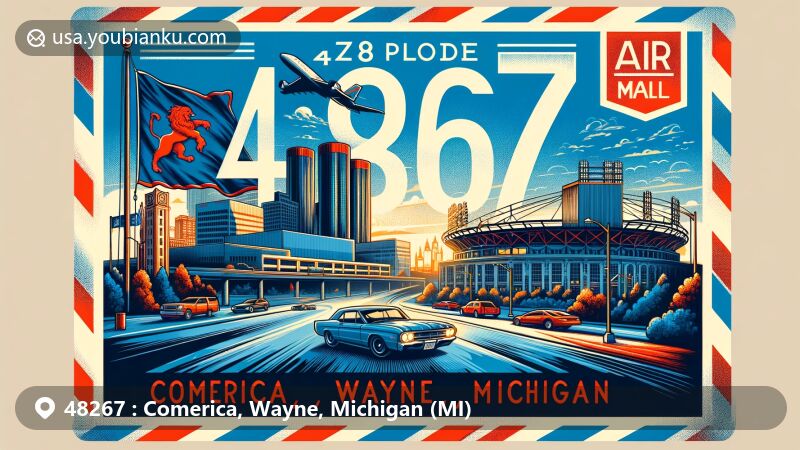 Modern illustration of Comerica, Wayne, Michigan, celebrating postal theme with ZIP code 48267, featuring landmarks like Ford Motor Company plants, Comerica Park, and state symbols.