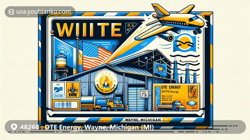 Modern illustration featuring air mail envelope with state flag of Michigan, outline of Wayne County, symbol for DTE Energy, and stamp with ZIP code 48268, designed for DTE Energy in Wayne, Michigan.