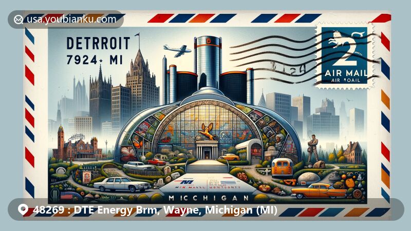 Modern illustration of Detroit, Michigan, featuring iconic landmarks like Belle Isle Conservatory, Henry Ford Museum, Comerica Park, and more, integrated into an air mail envelope design.