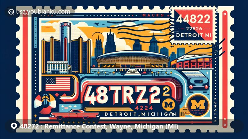 Modern illustration of Detroit, Michigan, celebrating ZIP code 48272 with Motown Museum and Michigan Stadium, incorporating postal elements like postcard shape, vintage postage stamp, postmark, and text '48272 Detroit, MI'.