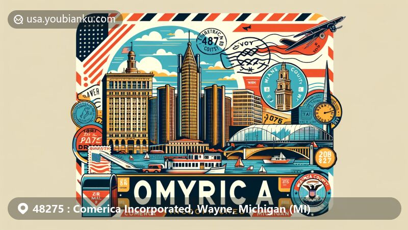 Vintage-style illustration for ZIP code 48275, featuring the Guardian Building in Detroit skyline, Michigan state flag, and postal elements, representing Comerica Incorporated in Wayne County.