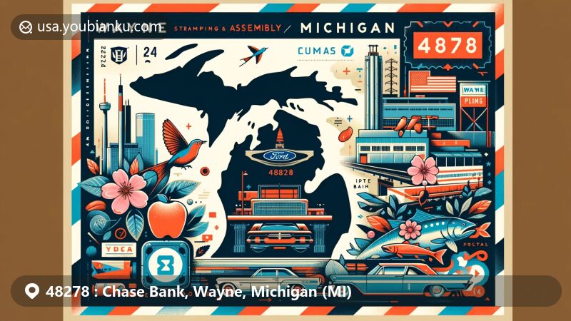 Modern illustration of Wayne, Michigan, highlighting ZIP code 48278 and automotive heritage, featuring Ford Motor Company's Wayne Stamping & Assembly and Michigan Assembly Plant, along with Michigan state symbols.