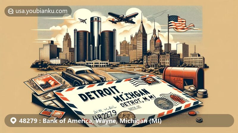 Modern illustration of Detroit, Michigan, blending urban skyline with historical landmarks like Fort Wayne and Motown Museum, featuring vintage air mail envelope with postcard, Michigan state flag stamp, and 48279 ZIP code cancellation mark.