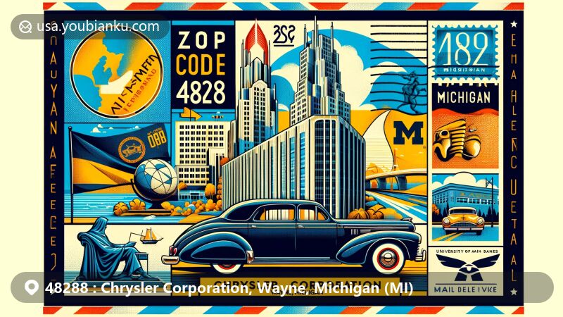 Modern illustration of Chrysler Corporation, Wayne, Michigan, with ZIP code 48288, featuring automotive heritage and Michigan landmarks including University of Michigan, The Calder sculpture, and Sleeping Bear Dunes, complemented by elements like state flag and postal motifs.