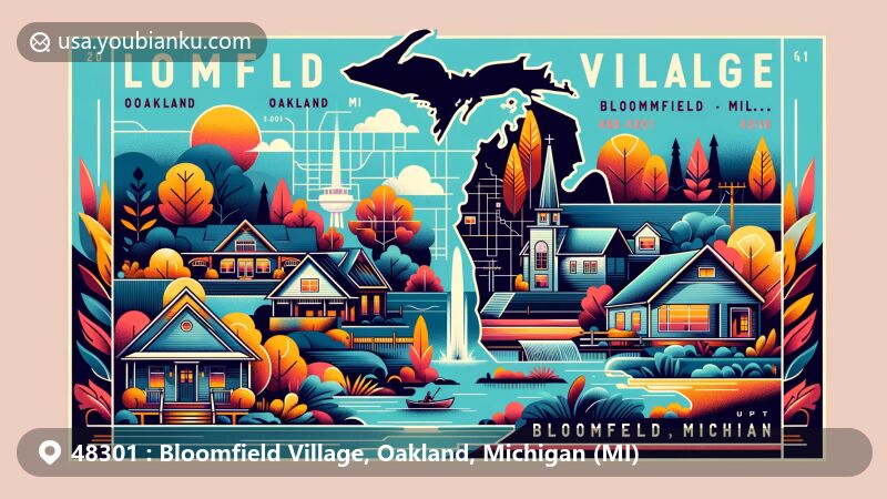 Modern illustration of Bloomfield Village, Oakland County, Michigan, featuring iconic landmarks like the Kirk in the Hills and Franklin Cider Mill, as well as the Rouge River and contemporary architecture, all framed in a postcard motif with postal elements.