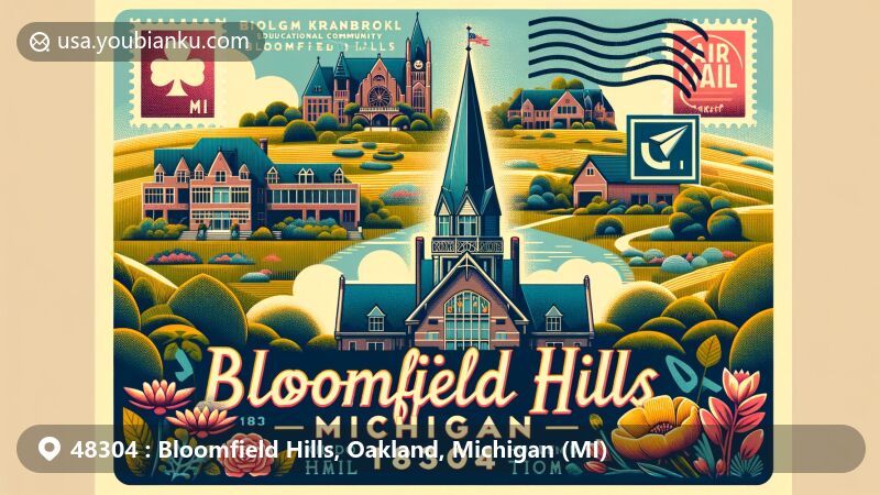 Creative illustration of Bloomfield Hills, Michigan, depicting postal theme with ZIP code 48304, featuring Cranbrook Educational Community and Kirk in the Hills.