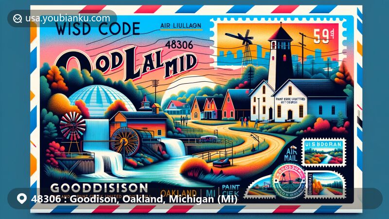 现代插图，展示印第安纳州克劳福德县霍顿镇的风景，突出以ZIP码47140邮政主题为特色，展示马林戈洞穴和印第安纳州象征。