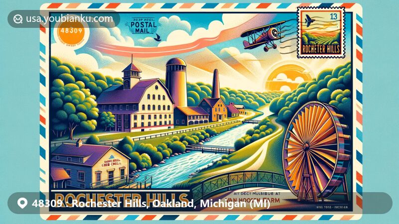 Modern illustration of Rochester Hills, Michigan, celebrating ZIP code 48309, featuring Yates Cider Mill, Paint Creek Trail, Meadow Brook Theatre, and Rochester Hills Museum at Van Hoosen Farm.