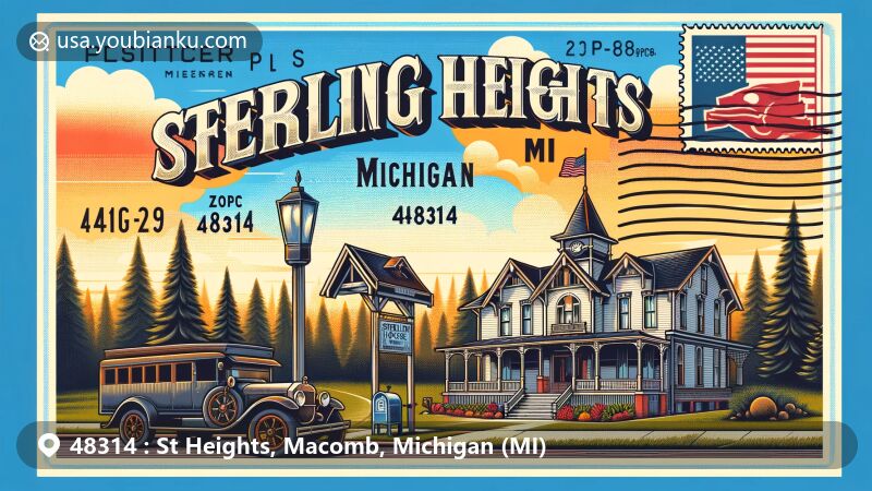 Postcard-style illustration of Sterling Heights, Michigan, in Macomb County, with ZIP code 48314, featuring Upton House Museum and Michigan state flag elements.