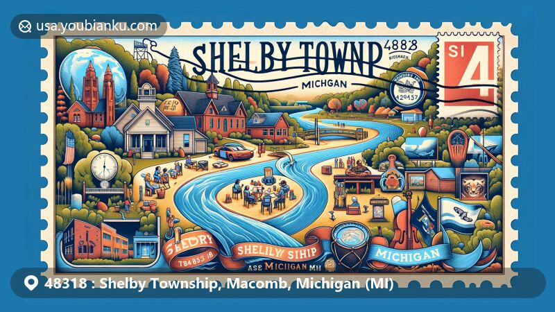 Modern illustration of Shelby Township, Macomb County, Michigan, featuring postal theme with ZIP code 48318, showcasing Clinton River and Lake St. Clair scenery.