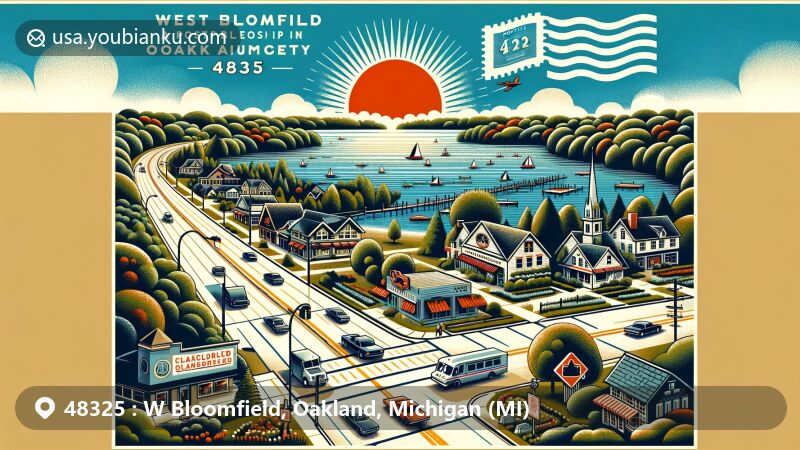 Modern illustration of West Bloomfield, Oakland County, Michigan, showcasing the township's picturesque lakes like Cass Lake, Pine Lake, and Orchard Lake, vibrant community along Orchard Lake Road, and diverse cultural elements reflecting the Jewish and Chaldo-Assyrian populations.