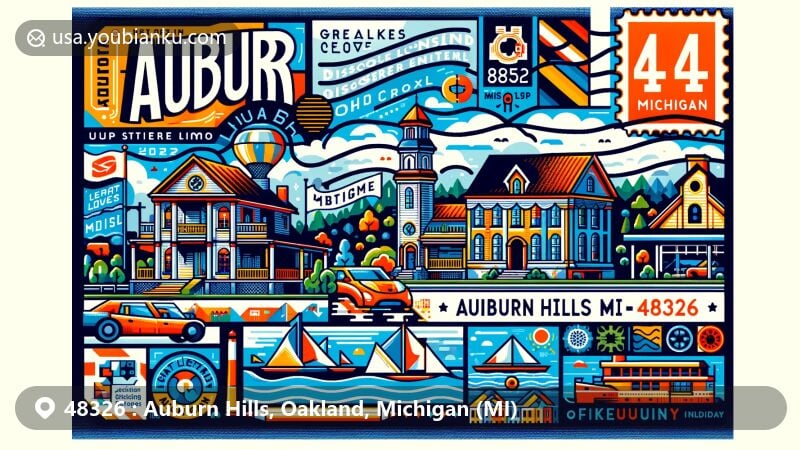 Modern illustration of Auburn Hills, Michigan, showcasing iconic landmarks like Great Lakes Crossing Outlets, LEGOLAND Discovery Center Michigan, and SEA LIFE Michigan Aquarium with postal elements for ZIP code 48326.