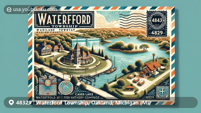 Modern illustration of Waterford Historic Village in Waterford Township, Oakland County, Michigan, highlighting ZIP code 48329 and serene setting of Fish Hatchery Park along Clinton River.