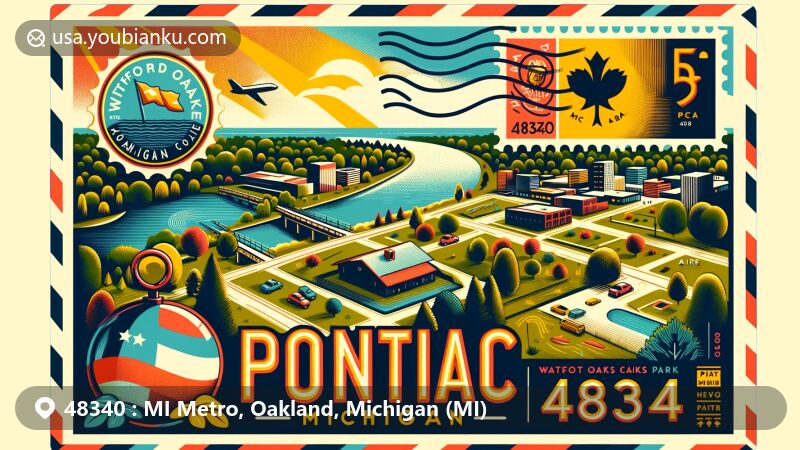 Modern illustration of Pontiac, Michigan, with postal theme showcasing ZIP code 48340, highlighting Waterford Oaks Park, Clinton River Trail, and Pontiac Oaks. Includes Michigan state symbols, postmark, and nature elements like trees, lake, and trails.