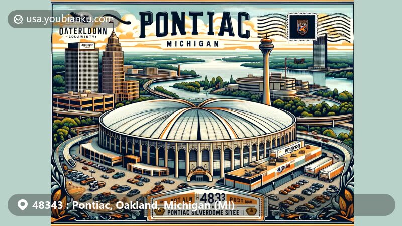 Modern illustration of Pontiac, Oakland County, Michigan, showcasing cityscape with landmarks like Pontiac Silverdome site and Clinton River, featuring Amazon Fulfillment and Distribution center on former Silverdome site, framed as an air mail envelope with ZIP code 48343 and Michigan flag stamp.