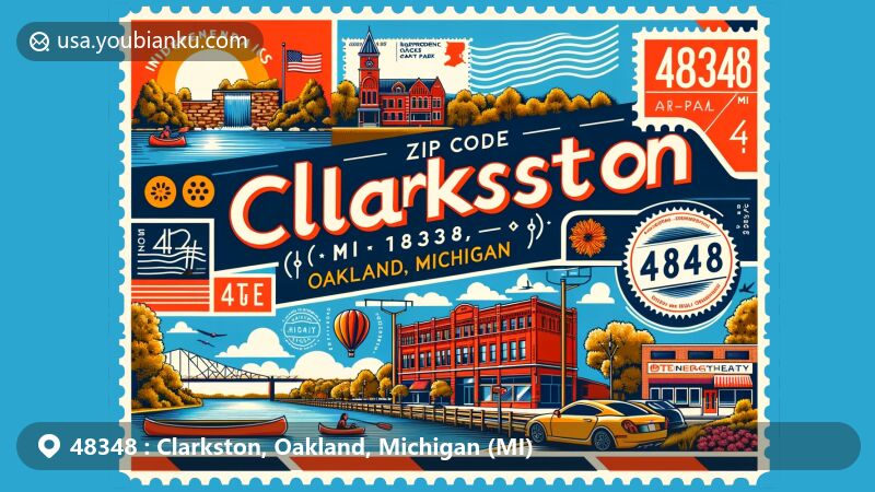 Modern illustration of Clarkston, Oakland, Michigan, showcasing postal theme with ZIP code 48348, featuring iconic landmarks like Independence Oaks County Park and DTE Energy Music Theatre.