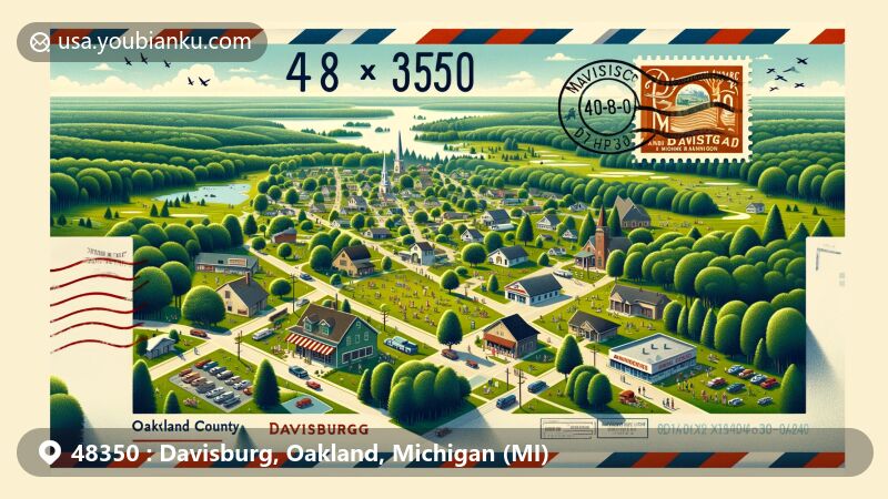 Modern illustration of Davisburg, Oakland County, Michigan, focusing on small town charm surrounded by nature, community gatherings, local businesses, and recreational opportunities.