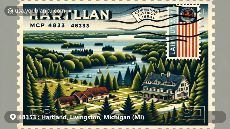 Illustration of Hartland, Michigan, capturing the natural beauty and community landmarks of the area with a postal theme, highlighting ZIP code 48353 and featuring Cromaine District Library and Hartland Area Historical Society.