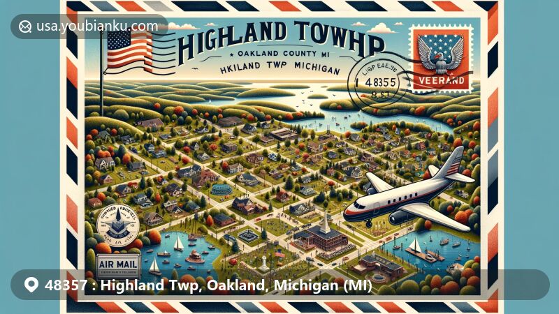 Modern illustration of Highland Township, Oakland County, Michigan, showcasing diverse landscapes blending rural, suburban, and lake living, featuring Veterans Park and elements from Red, White & Blues Festival.
