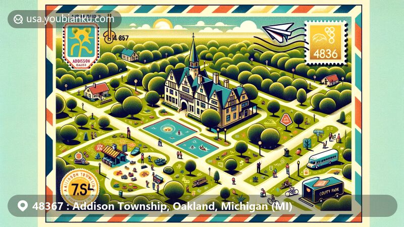 Modern illustration of Addison Township, Oakland County, Michigan, showcasing Addison Oaks County Park with lush greenery, trails, and Tudor-style Buhl Estate, depicting a happy family and Leonard Strawberry Festival, framed as an air mail envelope with ZIP code 48367, Michigan state flag, postmark 'Addison Township, Oakland, MI', mailbox, and postal van.