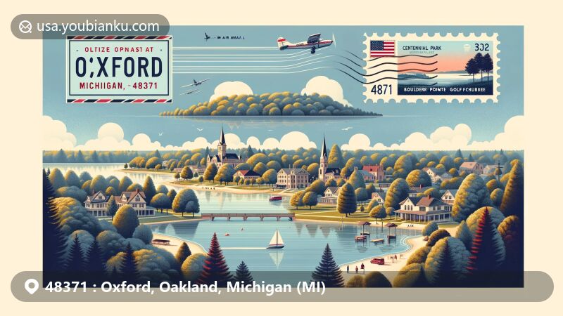Modern illustration of Oxford, Michigan, in Oakland County, highlighting serene small-town life with ZIP code 48371, featuring Centennial Park, Oxford High School, and Boulder Pointe Golf Club.