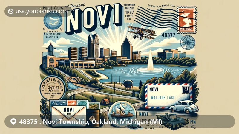 Contemporary illustration of Novi, Michigan, with ZIP code 48375, merging postal elements with local landmarks, featuring Twelve Oaks Mall, Tollgate Farm, and Walled Lake.