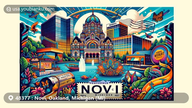 Vibrant illustration of Novi, Michigan, showcasing Twelve Oaks Mall, Sri Venkateswara Temple & Cultural Centre, and Paradise Park, against a backdrop of suburban charm and green surroundings, with postal elements and ZIP code 48377.