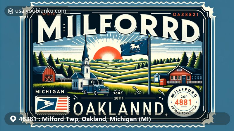 Modern illustration of Milford Twp, Oakland, Michigan, with Michigan state flag and postal elements, postcard design, postmark, and mailbox, displaying '48381' ZIP Code.